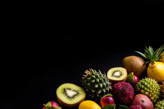 Foto frutas tropicales fruta de la pasión piña fruta del dragón kiwi y cactus sobre un fondo negro vista superior espacio libre para texto