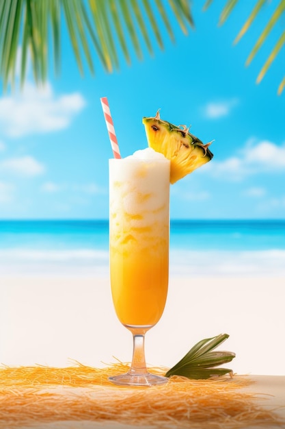 Frutas tropicales jugo de piña en la playa soleada bajo la sombra de la palma generativa ai