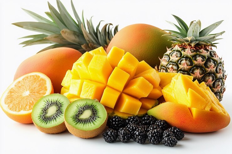 Frutas tropicales maduras dispuestas con colores vibrantes sobre un fondo brillante IA generativa