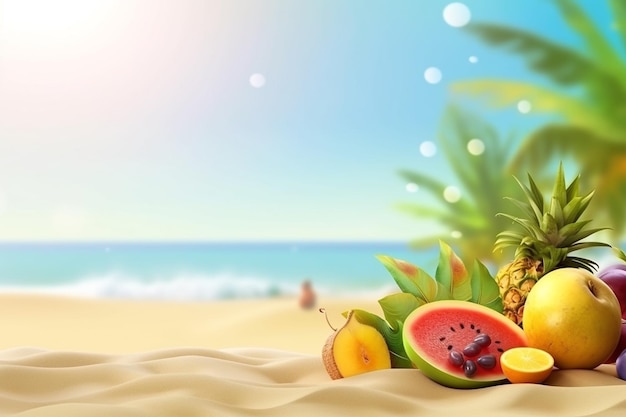 Frutas tropicales en la playa con un fondo azul.