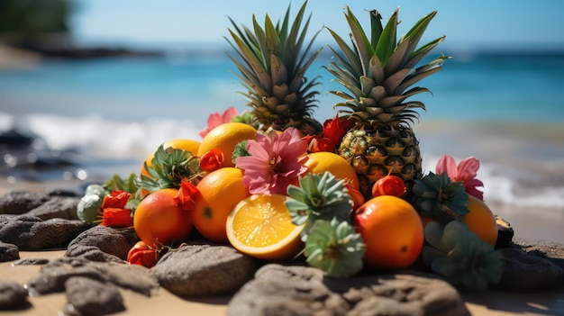 Frutas tropicales en la playa muestran piña mangos coloridos