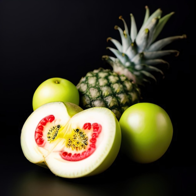 Frutas tropicales sobre fondo negro foto minimalista de comida