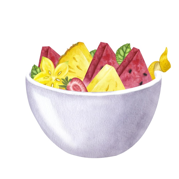 Frutas tropicales en una taza sandía fresa piña carambola Ilustración de acuarela dibujada a mano