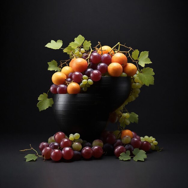 Foto frutas de uva en un cuenco negro en el centro de un fondo negro