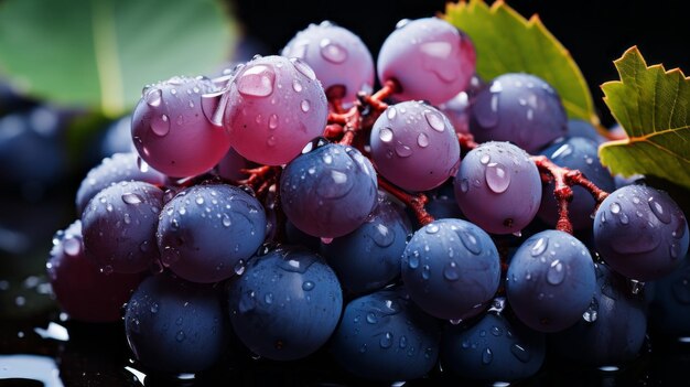 Frutas de uva frescas con gotas de agua en la rama en una suave atmósfera brillante de ensueño Frutas naturales