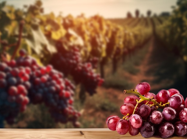 Foto frutas de uvas frescas en la mesa de madera con viñedos en el fondo borroso toscana italia
