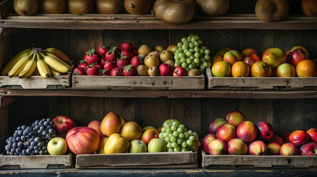 Frutas variadas em caixas de madeira