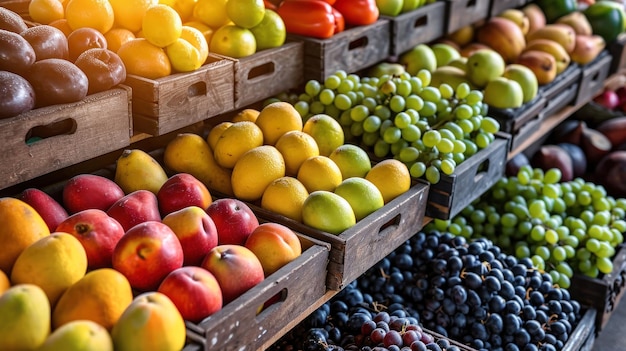 Frutas variadas em caixas de madeira