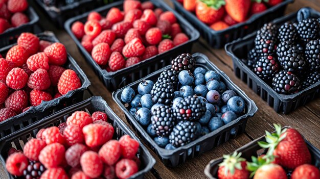 Frutas variadas em recipientes de plástico na mesa