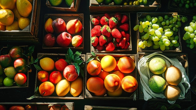 Foto frutas variadas embaladas numa caixa de madeira