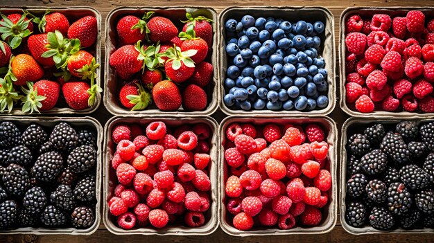 Frutas variadas exibidas em bandejas