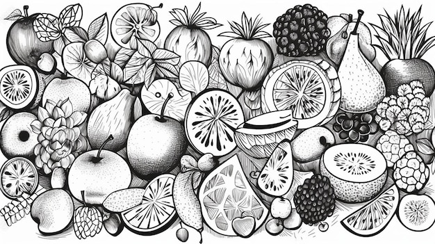 Foto frutas, vector, ilustración, garabato, conjunto