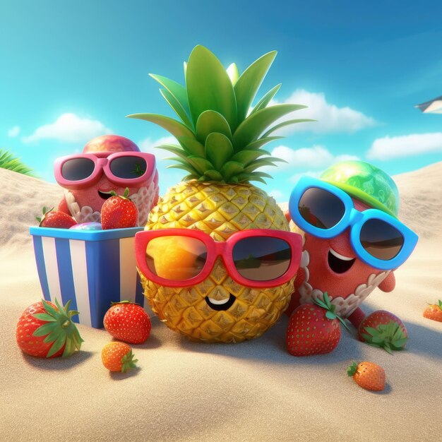 Foto frutas de verano divertidas con gafas de sol en la playa 3d render