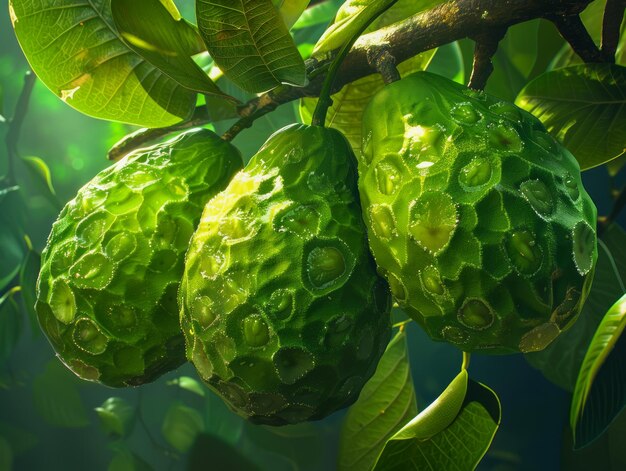 Foto frutas verdes exuberantes de noni colgando de una rama bajo la luz del sol tropical morinda citrifolia exótica de cerca