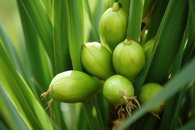 Frutas verdes en la planta tropical