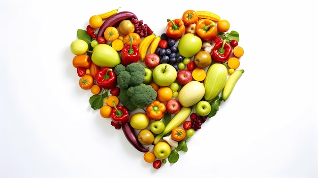 Frutas verduras alimentos saludables y orgánicos formando un corazón sobre un fondo blanco Nutrición alimentos saludables y bienestar generativo ai