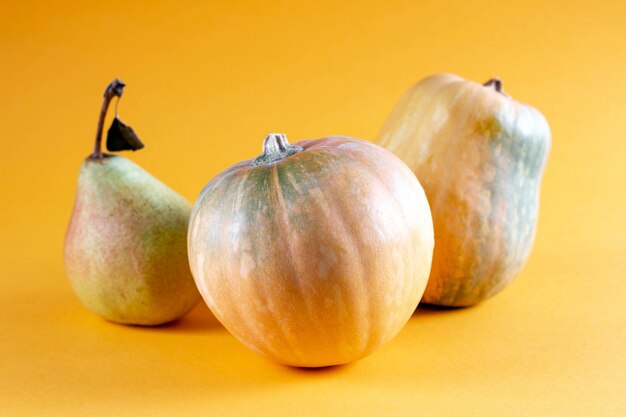 Frutas y verduras amarillas sobre fondo naranja. Pera y dos calabazas sobre un fondo de color. Composición calabaza, maqueta de calabaza calabaza