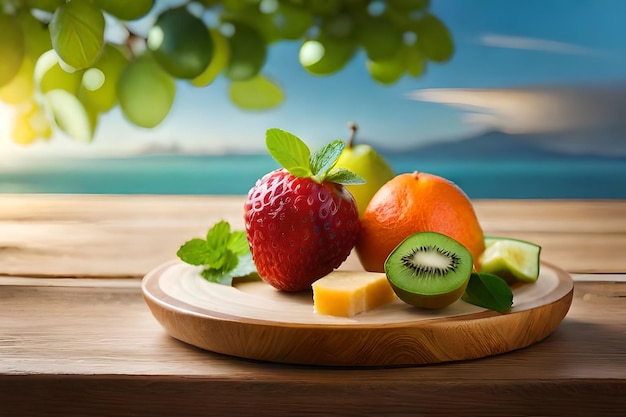 frutas y verduras en una bandeja de madera con agua al fondo.