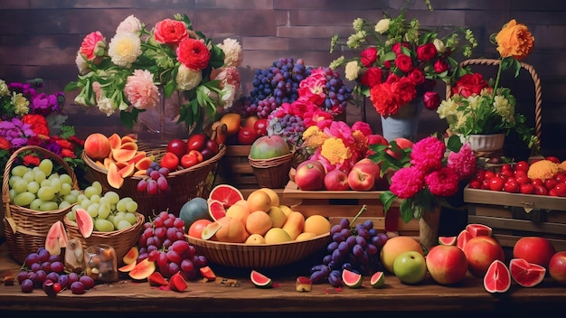 Frutas y verduras en cestas sobre mesa de madera