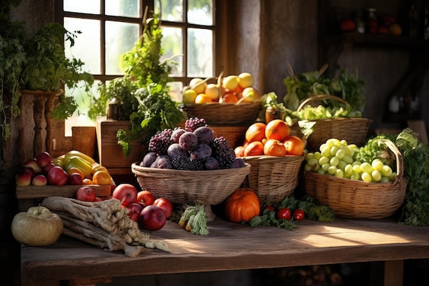 Frutas y verduras en una cocina rústica Comida sana Frutas y verduras en una mesa de madera en una cocina rústica Generada por IA