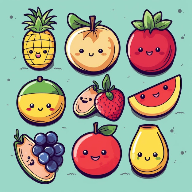 frutas y verduras de dibujos animados con caras y ojos sobre un fondo azul ai generativo