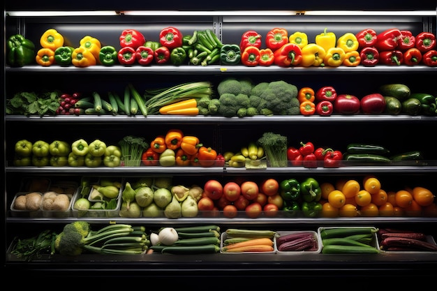 Frutas y verduras en el estante refrigerado