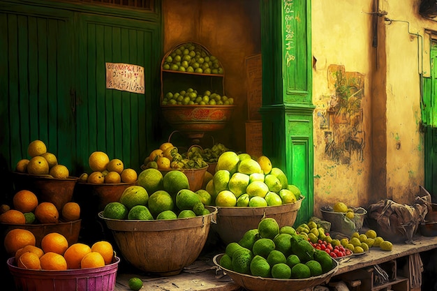 Frutas y verduras exóticas verdes en el antiguo mercado de oriente medio