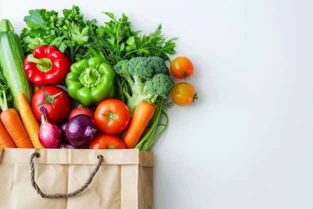 Frutas y verduras en un fondo claro en una bolsa de kraft de la tienda alimentos sanos y saludables