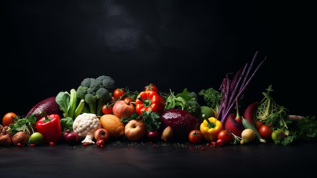 Frutas y verduras en un fondo oscuro