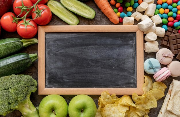 Foto frutas y verduras frente a dulces y papas fritas alrededor de la tabla de tiza en blanco vista superior plana