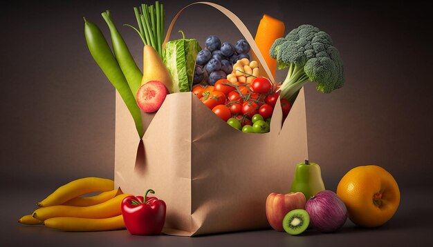 Frutas y verduras frescas en una bolsa de papel. Foco selectivo. IA generativa.