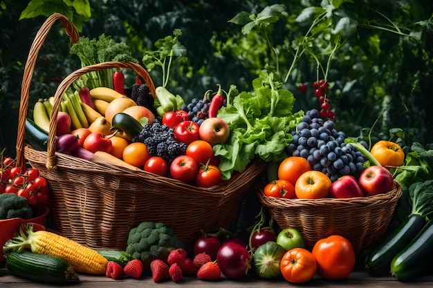 Frutas y verduras frescas en la canasta en el jardín del agricultor