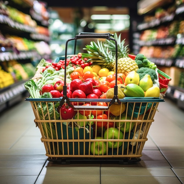 Frutas y verduras frescas en el carrito del supermercado