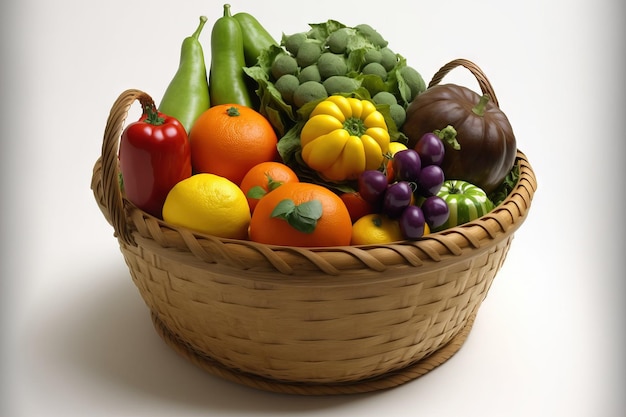 Frutas y verduras frescas en una cesta sobre un fondo blanco.