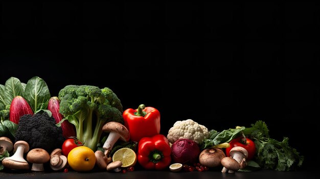 Frutas y verduras frescas y coloridas con un espacio vacío en el fondo de negro saludable IA generativa