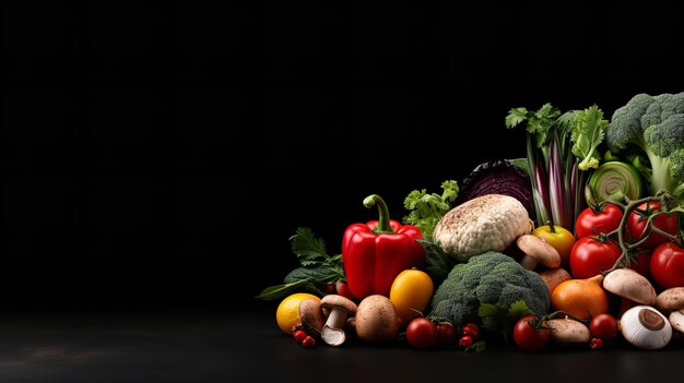 Frutas y verduras frescas y coloridas con un espacio vacío en el fondo de negro saludable IA generativa