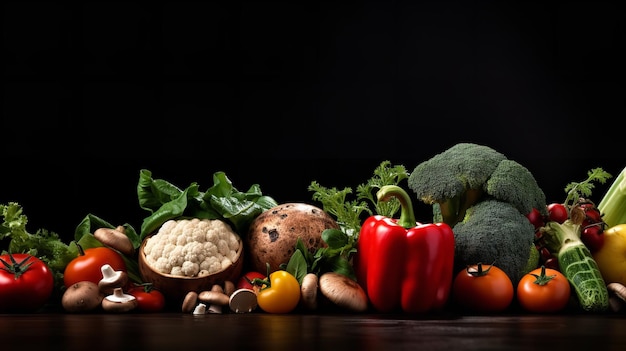 Frutas y verduras frescas y coloridas con un espacio vacío en el fondo de negro saludable IA generativa