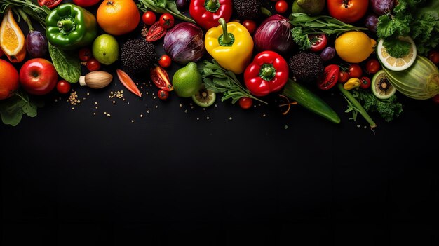 Frutas y verduras frescas y coloridas con un espacio vacío en el fondo de la vista superior negra IA generativa