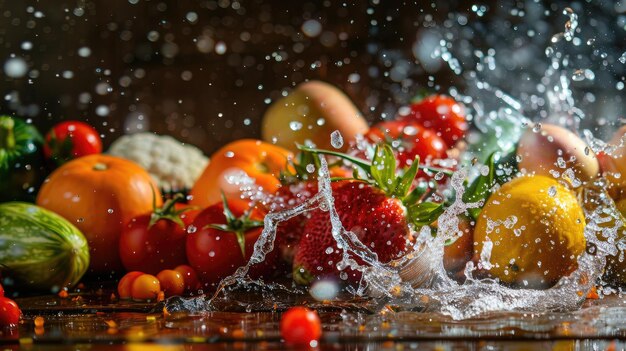 Frutas y verduras frescas y coloridas con salpicaduras de agua