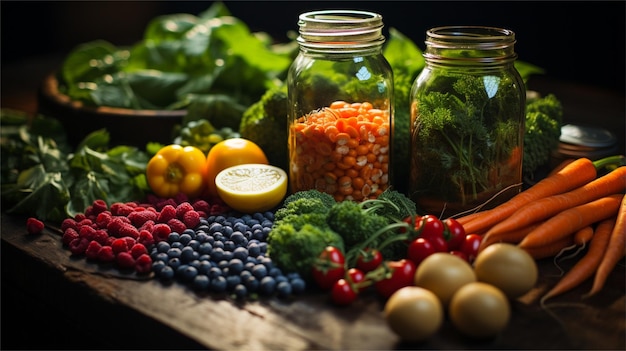 las frutas y verduras frescas están dispuestas en una tabla de cortar de madera