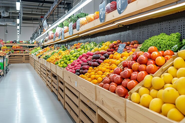 Frutas y verduras frescas expuestas en un pasillo de una tienda de comestibles IA generativa