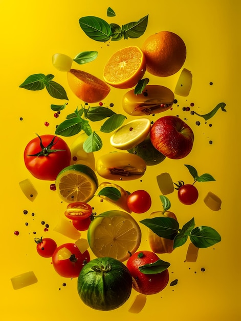 Frutas y verduras frescas flotando sobre un fondo amarillo vibrante con sombras dinámicas