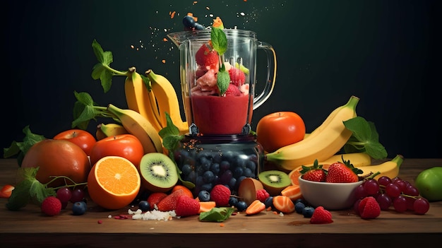 Frutas y verduras frescas en la licuadora
