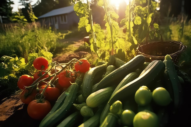 Frutas y verduras frescas, maduras, jugosas y sabrosas en el mostrador del mercado