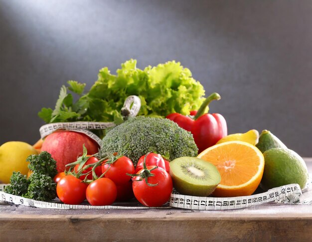 frutas y verduras frescas en una mesa con cinta métrica