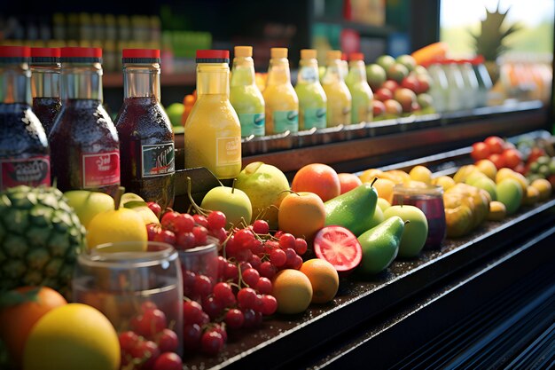 Foto frutas y verduras frescas en el mostrador de un supermercado