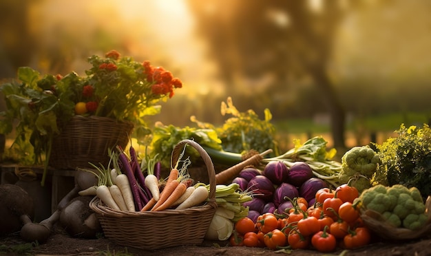 Frutas y verduras frescas seguidas en el jardín. Biofrutas y verduras frescas y saludables en