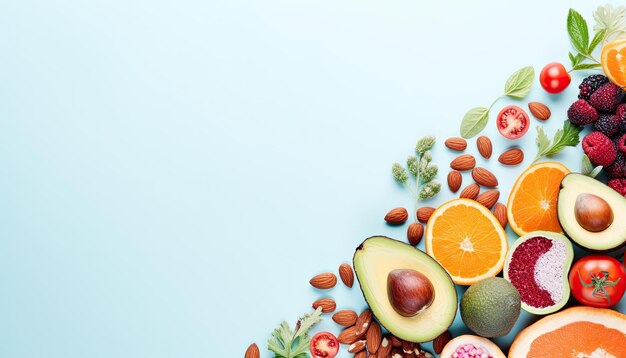 Frutas y verduras frescas sobre fondo azul con espacio para copiar Concepto de alimentos saludables