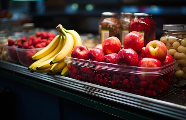 Frutas y verduras frescas en un supermercado Un montón de frutas sentadas en la parte superior de un mostrador