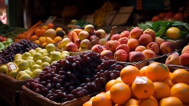 Frutas y verduras frescas variadas en el mercado IA generativa